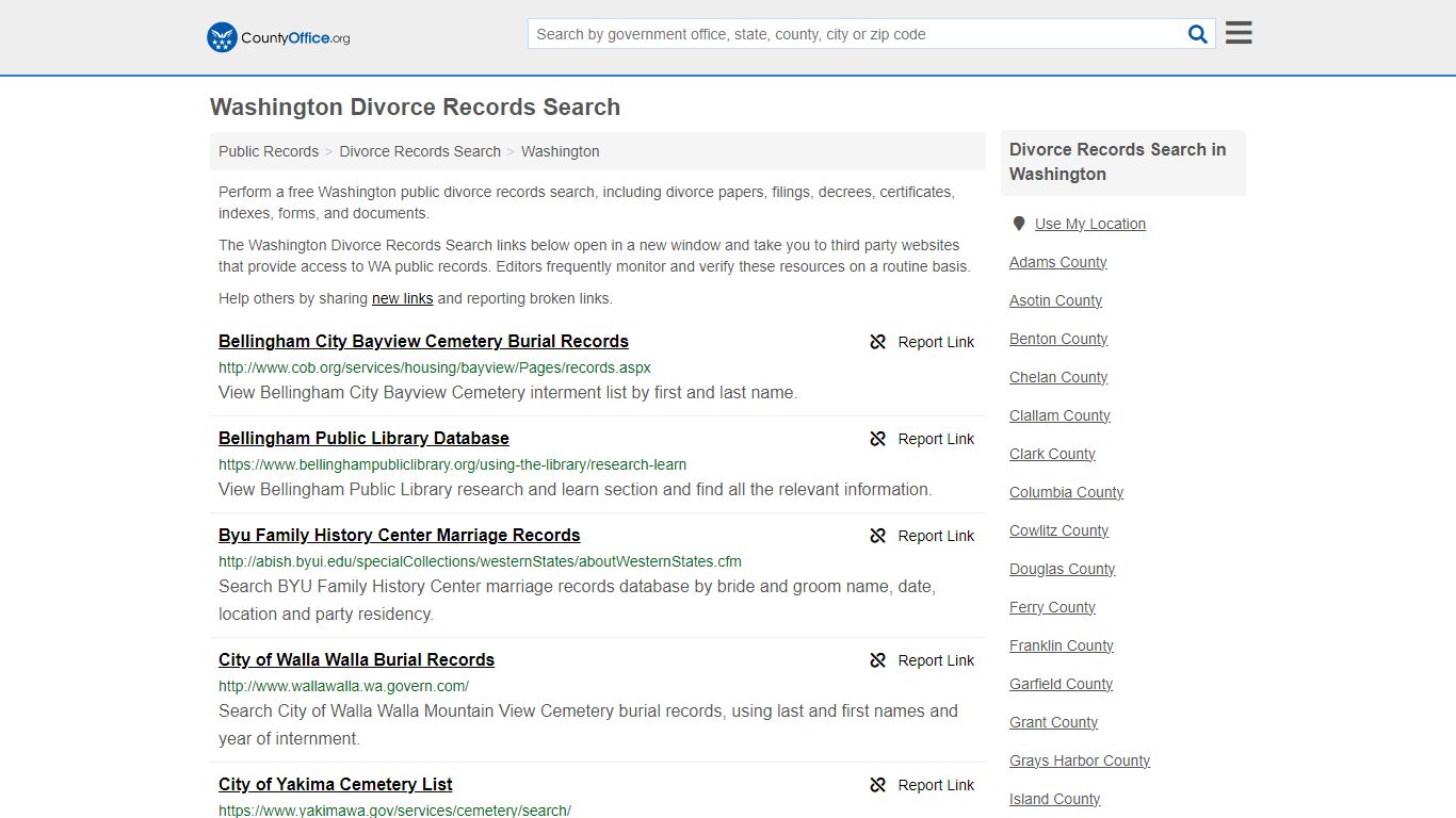 Washington Divorce Records Search - County Office
